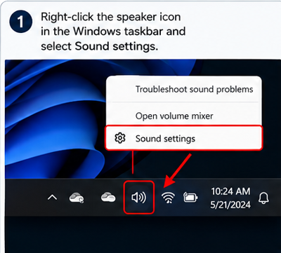 Windows taskbar speaker icon right-click menu showing Sound settings option