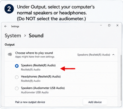 Windows 11 Sound Settings Output section showing available audio devices including Speakers Realtek Audio