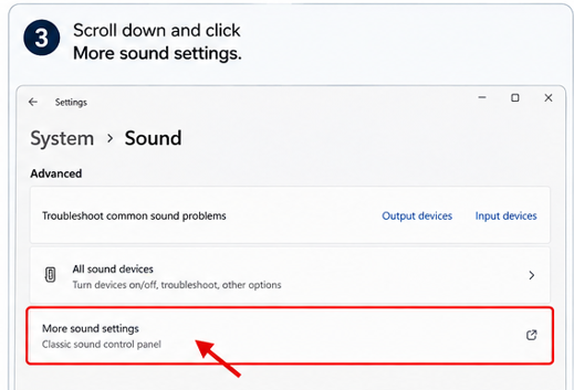 Windows 11 Sound Settings showing More sound settings link at the bottom of the page
