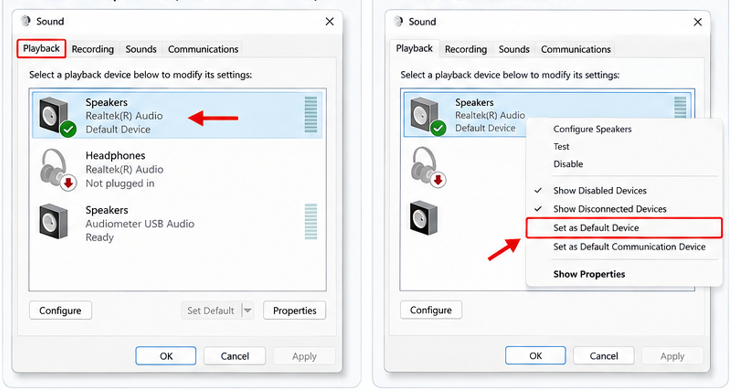 Windows Sound control panel Playback tab showing right-click context menu with Set as Default Device and Set as Default Communication Device options