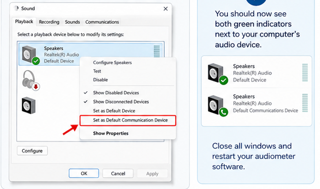 Windows Sound control panel Recording tab showing microphone devices with right-click context menu