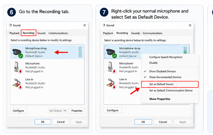 Windows Sound control panel Recording tab showing Realtek microphone set as default device and default communication device